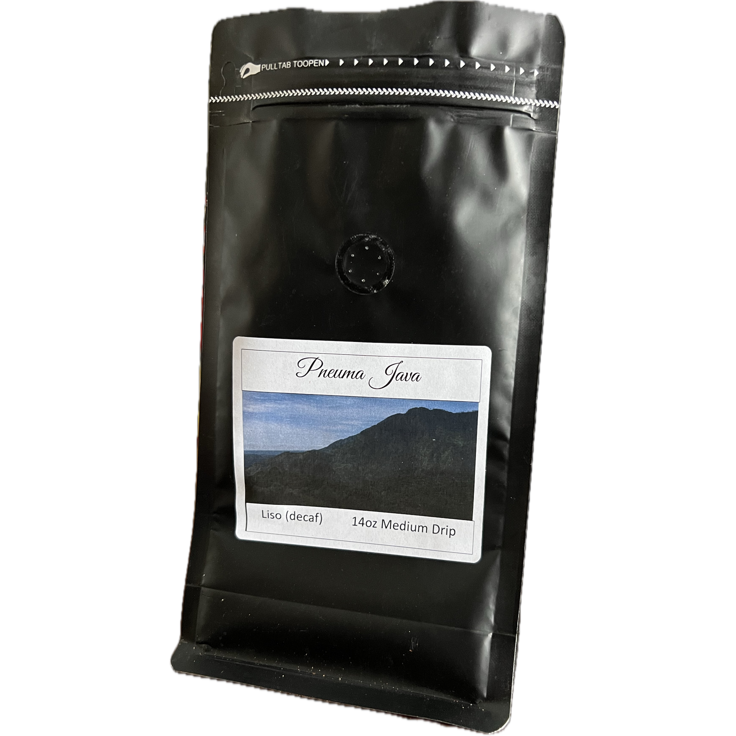 A sleek bag of Liso decaffeinated coffee beans, featuring a clean design with soft colors, highlighting the premium beans grown in Veracruz, Mexico, for a smooth and flavorful coffee experience without caffeine.