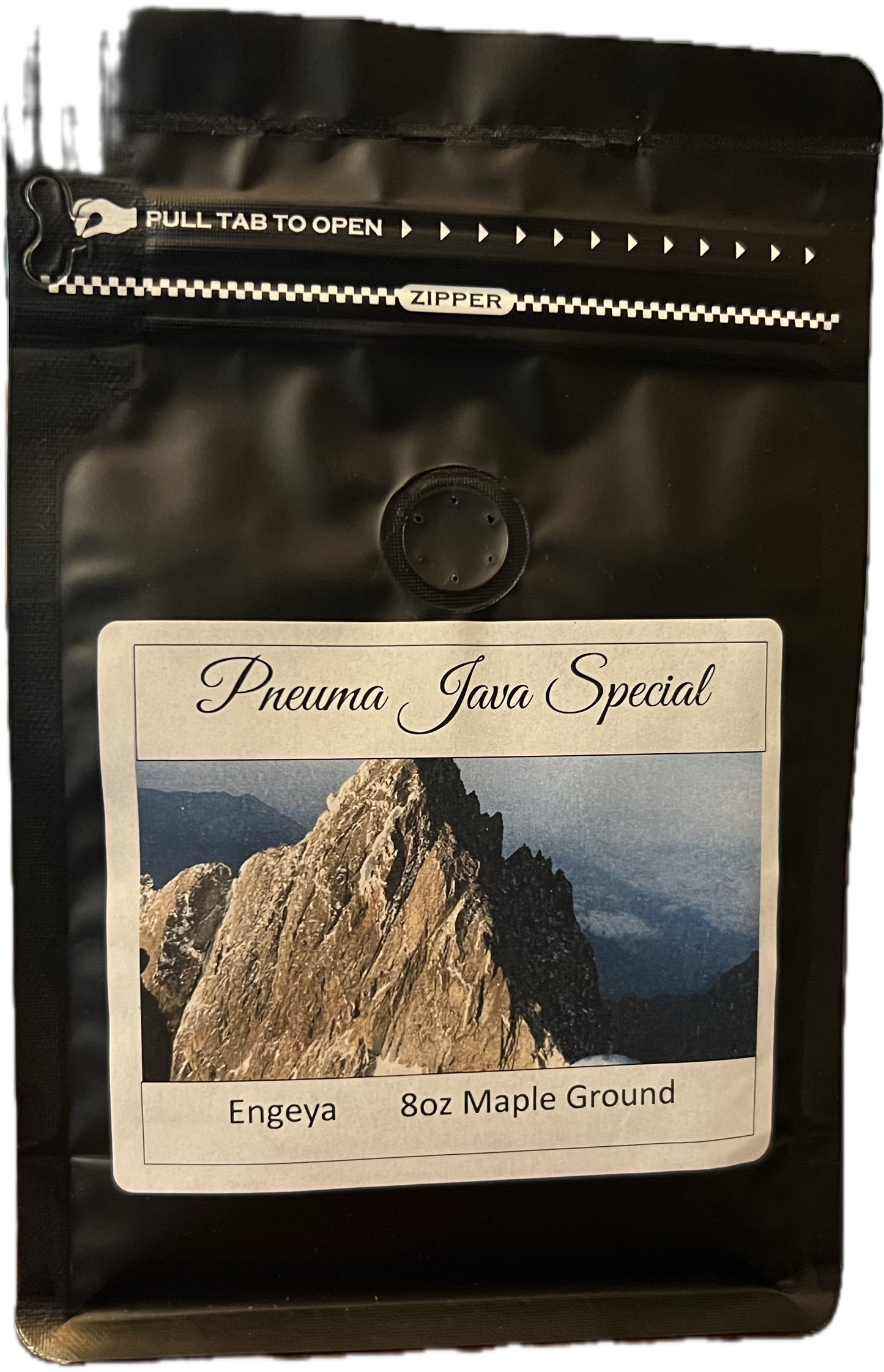 A cozy bag of Engeya coffee beans infused with mountain maple, featuring spring-time inspired packaging with warm, earthy tones and a hint of seasonal charm, offering a warm, flavorful twist on premium coffee.