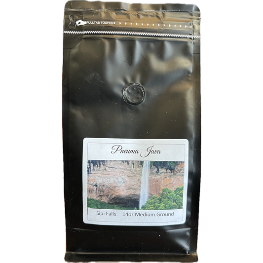 A beautifully crafted bag of Sipi Falls Arabica coffee, highlighting its origin on the slopes of Mount Elgon, with a design inspired by the majestic falls and lush Ugandan highlands.